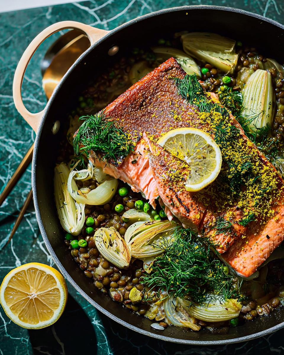 A healthy salmon fillet cooked with lentils, fennel, and peas, garnished with lemon and dill. Part of The Ultimate Healthy Meals Recipes Guide for Beginners.