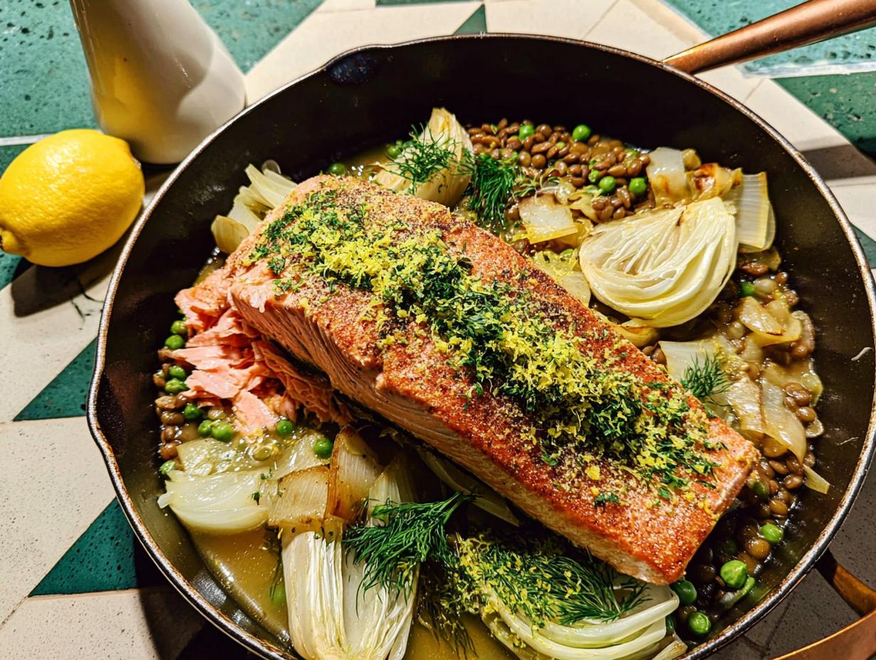 A beautiful skillet meal featuring a salmon fillet atop lentils, peas, and fennel, garnished with lemon zest and dill. Part of The Ultimate Healthy Meals Recipes Guide for Beginners.