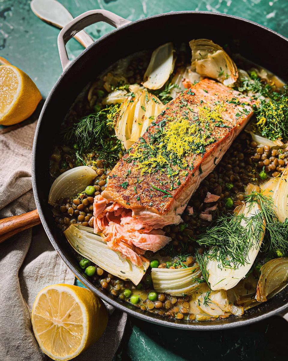 A healthy salmon fillet with lentils, peas, fennel, and lemon zest, part of The Ultimate Healthy Meals Recipes Guide for Beginners.