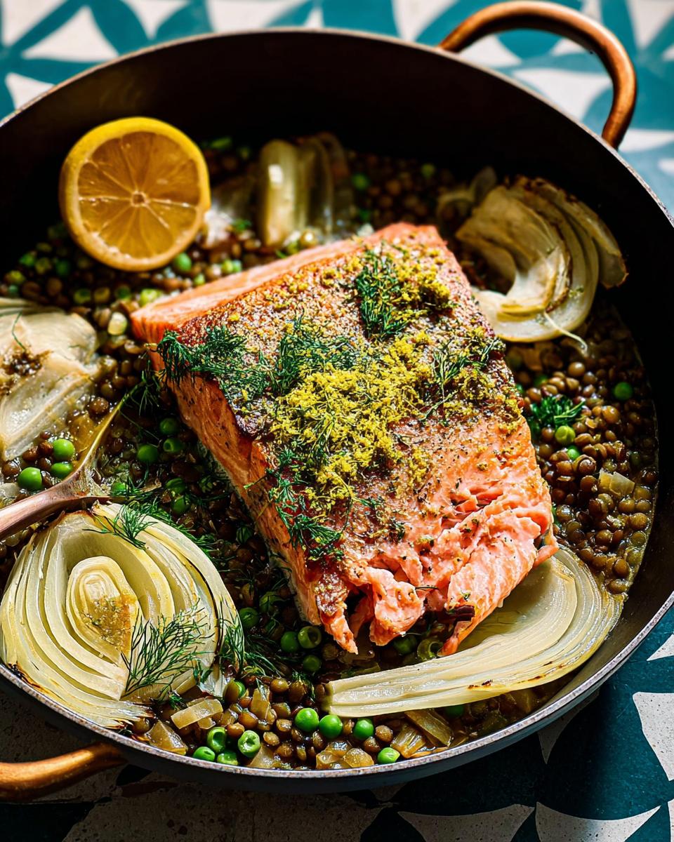 A healthy meal featuring a fillet of salmon served over lentils with peas, fennel, and a lemon slice.