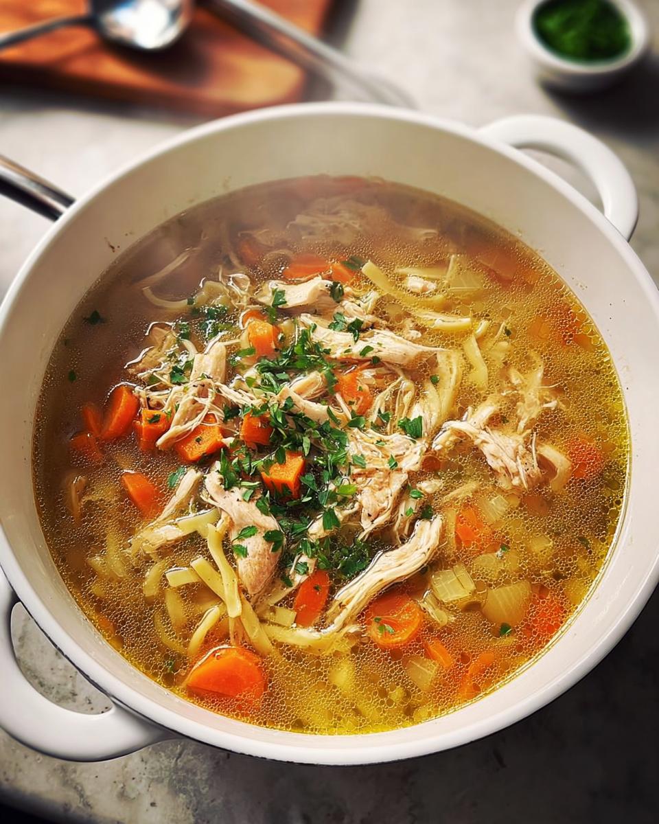 A steaming bowl of homemade chicken noodle soup with shredded chicken, carrots, and noodles, garnished with fresh parsley.