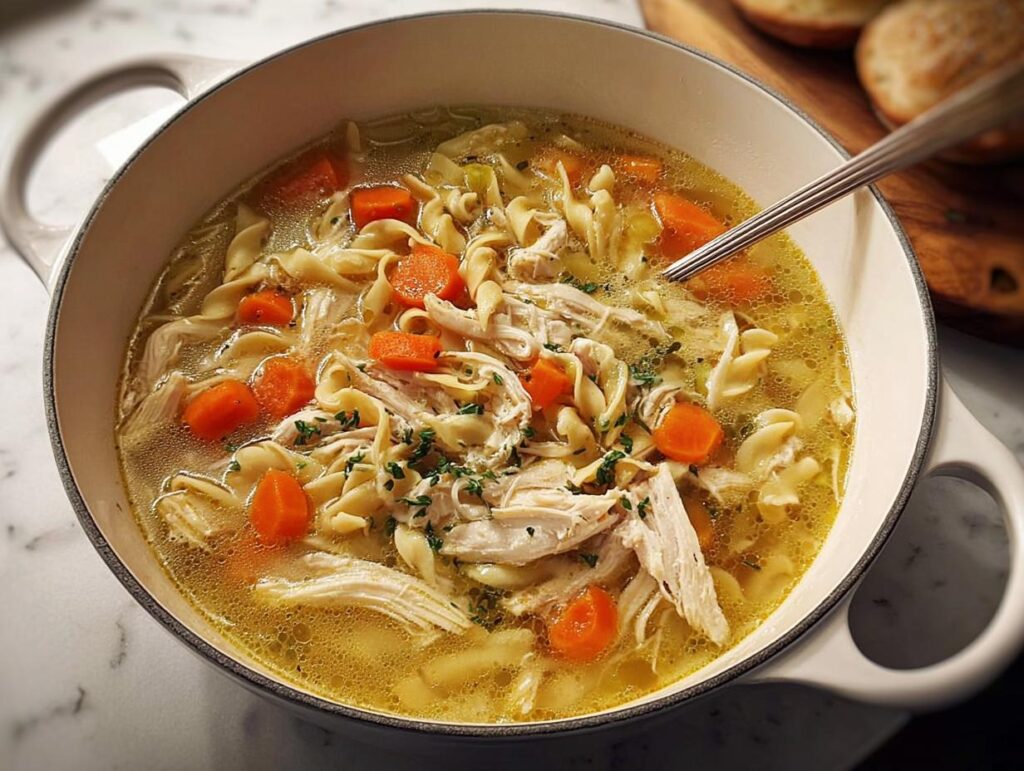 A close-up of a steaming bowl of hearty chicken noodle soup with shredded chicken, wide egg noodles, and carrots.