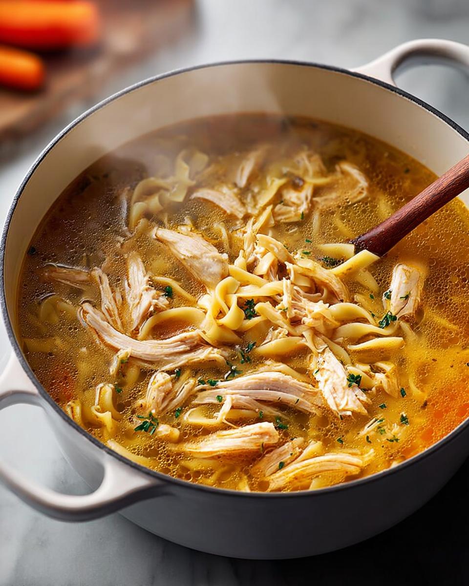 A steaming pot of hearty chicken noodle soup, filled with shredded chicken, egg noodles, and herbs. Perfect for soup recipes.