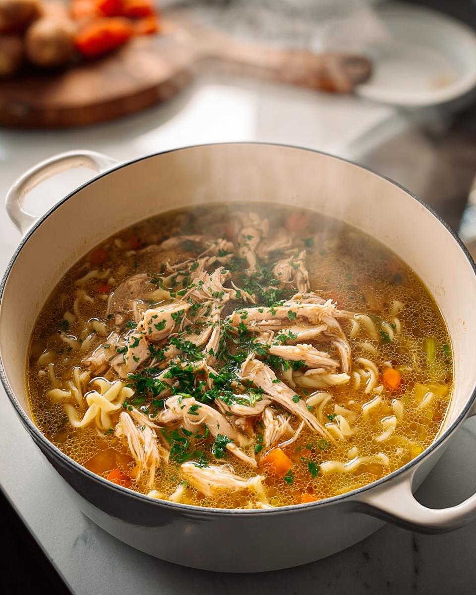 A steaming pot of hearty chicken noodle soup with shredded chicken, noodles, carrots, and parsley.