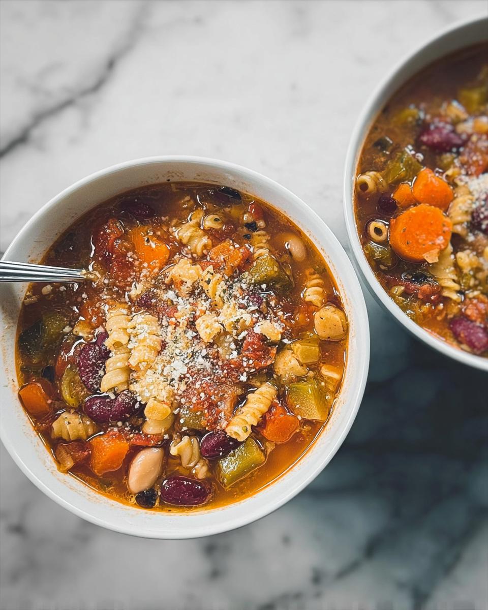 Two bowls of hearty soup recipes filled with pasta, beans, carrots, and other vegetables, topped with grated cheese.