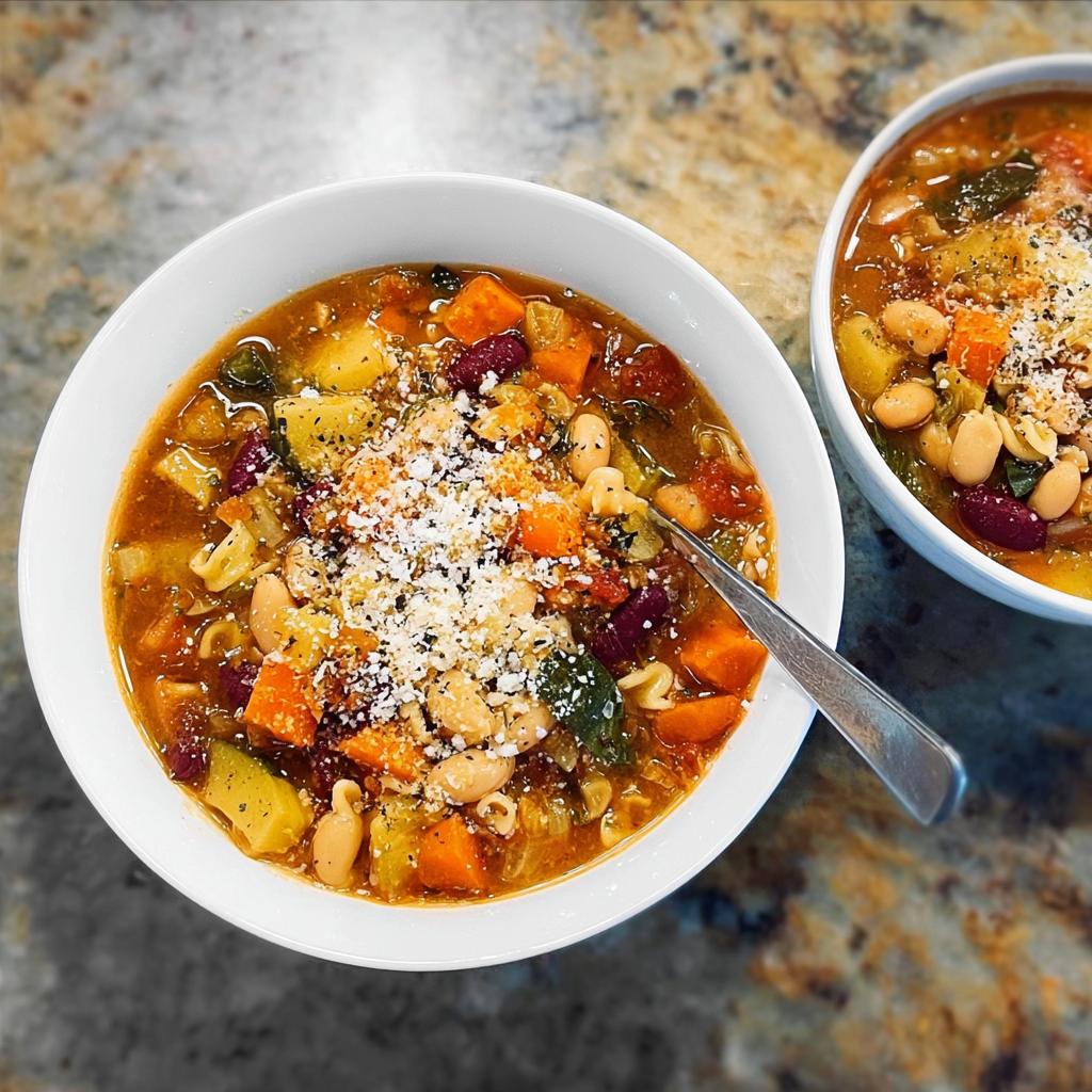 Two bowls of hearty vegetable soup recipes, filled with beans, vegetables, pasta, and topped with grated cheese.