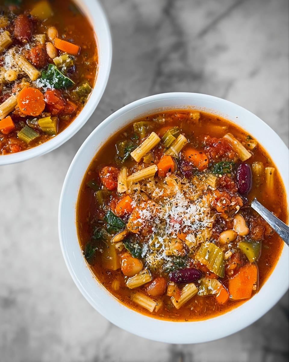 Two bowls of hearty vegetable soup recipe, filled with pasta, beans, carrots, celery, and tomatoes, topped with grated cheese.