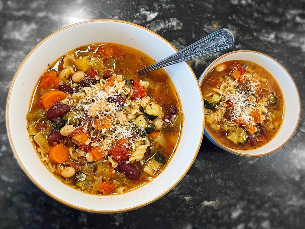 Two bowls of hearty vegetable soup recipe, filled with beans, pasta, carrots, zucchini, and tomatoes, topped with grated cheese.