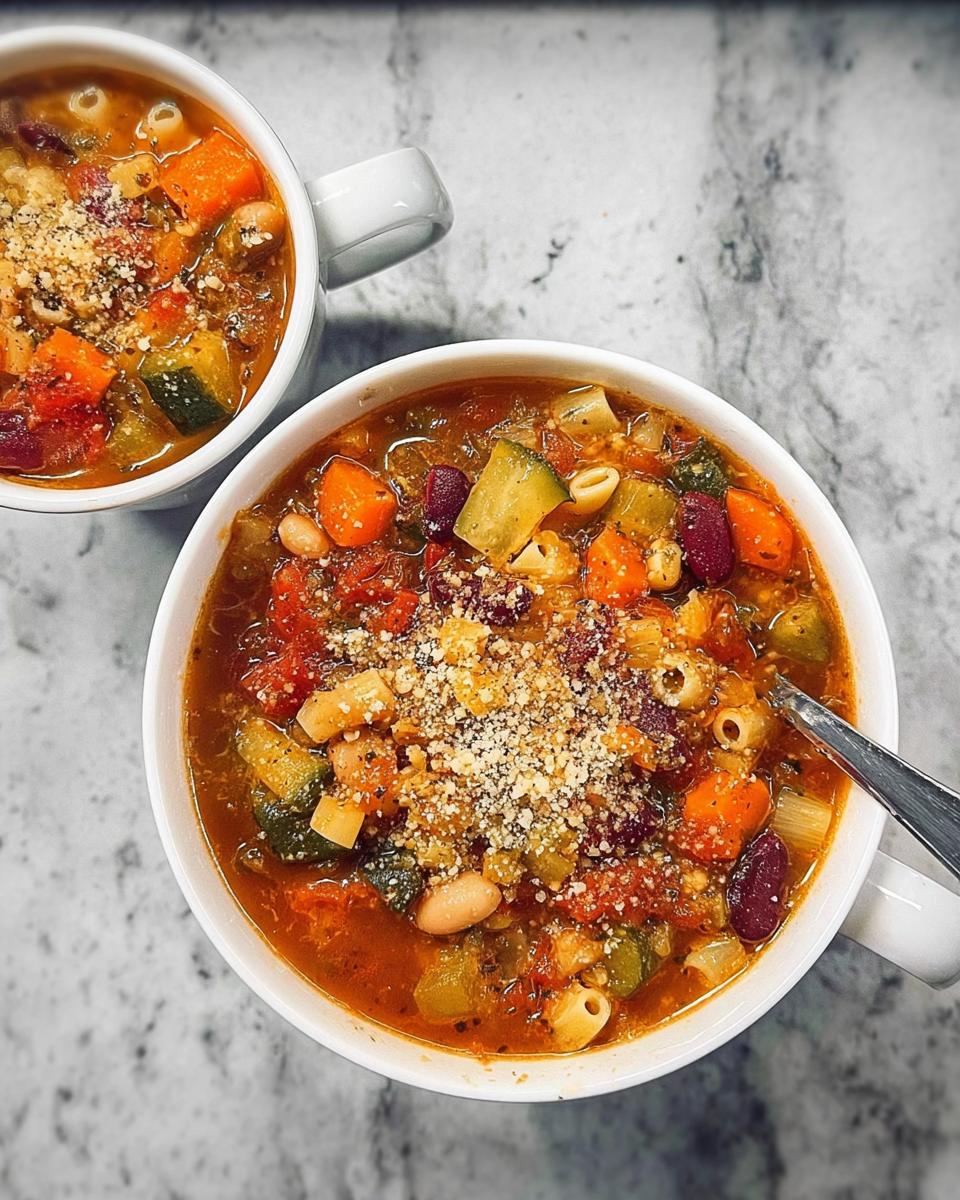 Two bowls of hearty vegetable soup recipes, filled with pasta, beans, carrots, and zucchini, topped with grated cheese.