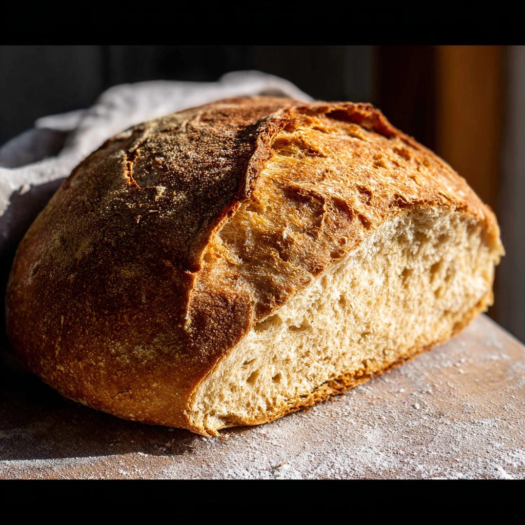 A golden-brown loaf of crusty homemade bread, sliced to reveal a soft, airy interior. Perfect for healthy meals.