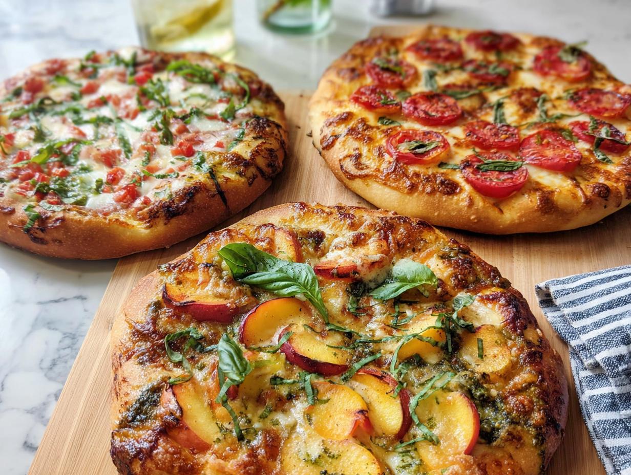 Three artisanal pizzas, including a peach and basil pizza, a tomato and basil pizza, and a tomato and mozzarella pizza, ready for pizza night.