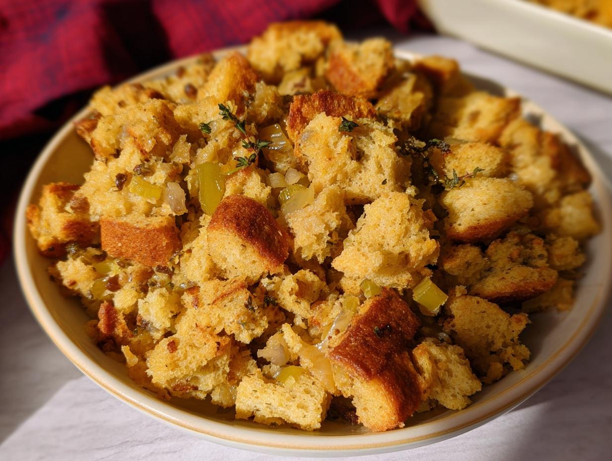 A close-up of a bowl filled with homemade stuffing, featuring chunks of bread, celery, and herbs.