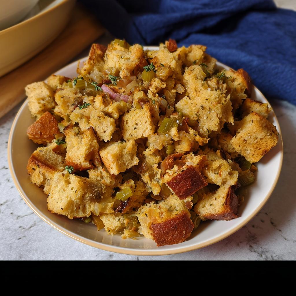 A close-up of a bowl filled with homemade stuffing, featuring cubed bread, celery, onions, and herbs.