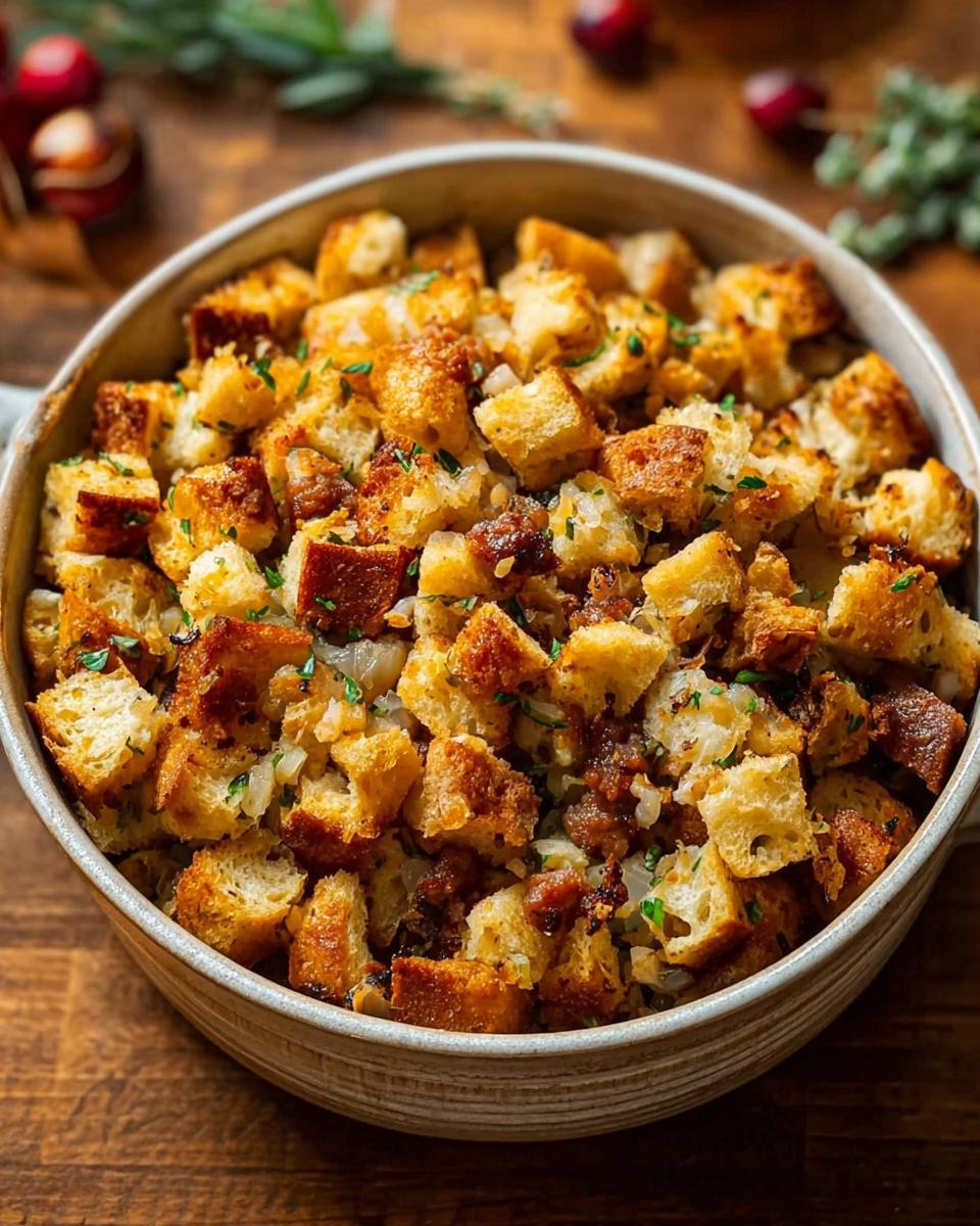 Close-up of a bowl of homemade stuffing, featuring golden-brown bread cubes, onions, and herbs.