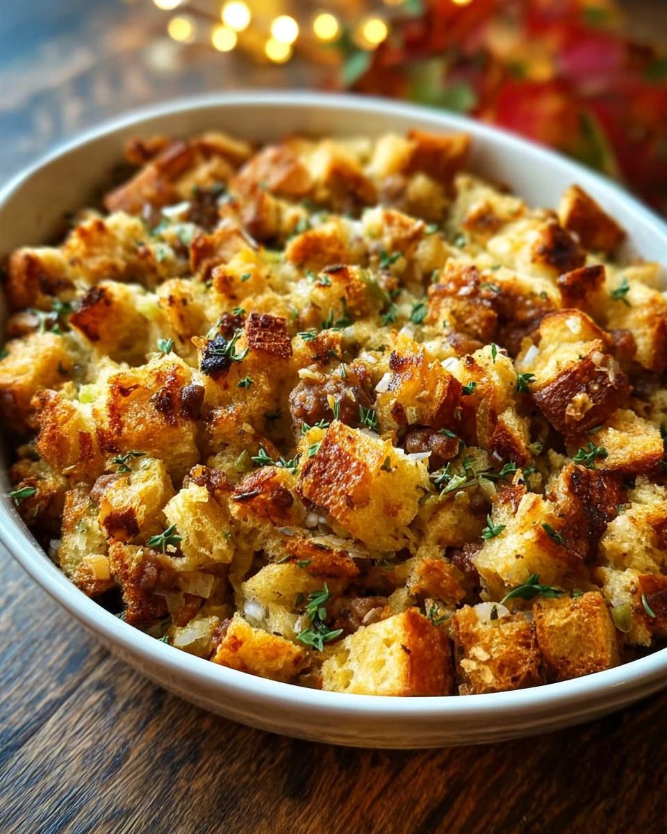 A close-up of a bowl of golden brown homemade stuffing, garnished with fresh herbs.