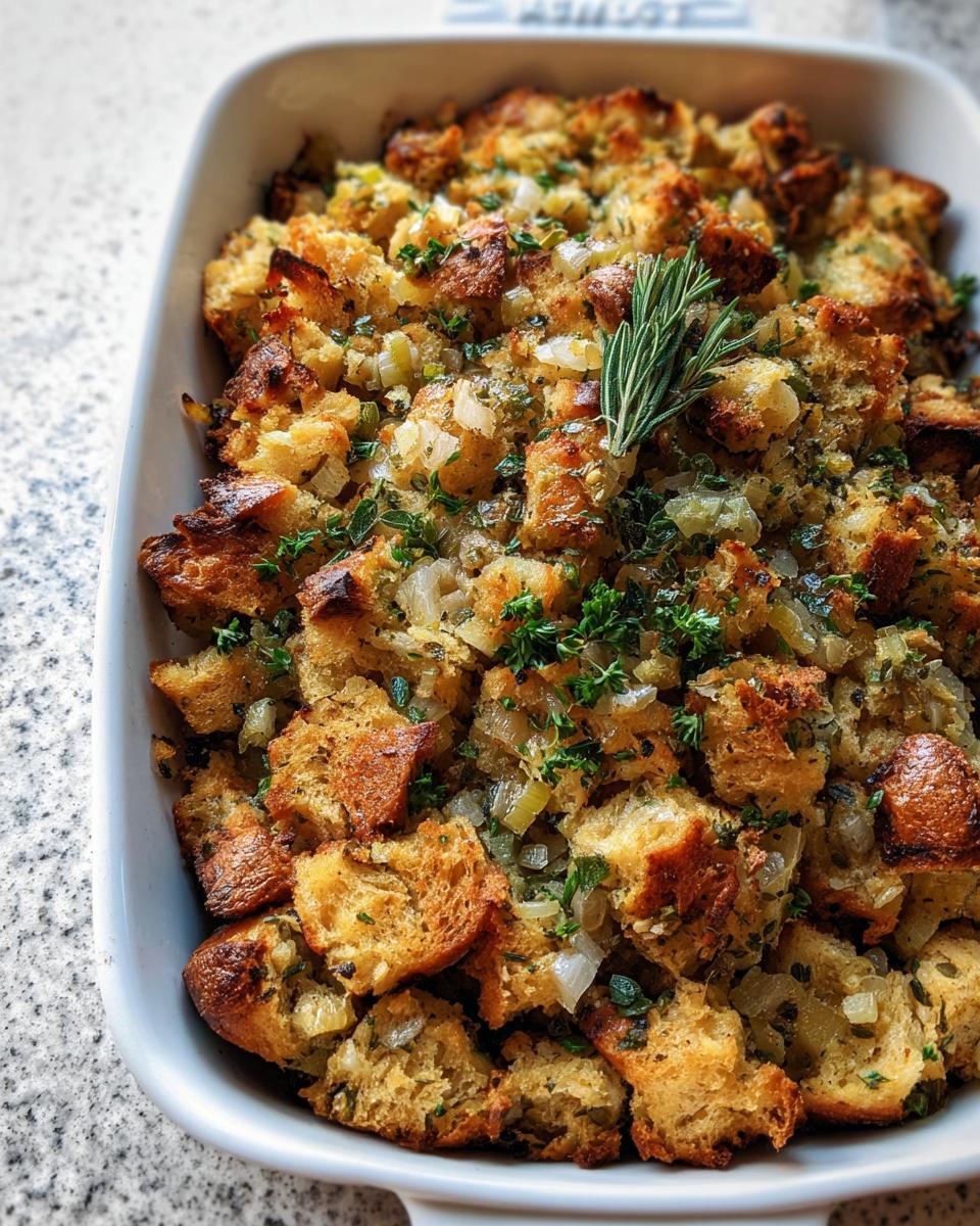 Close-up of a baking dish filled with golden-brown homemade stuffing, garnished with fresh herbs.