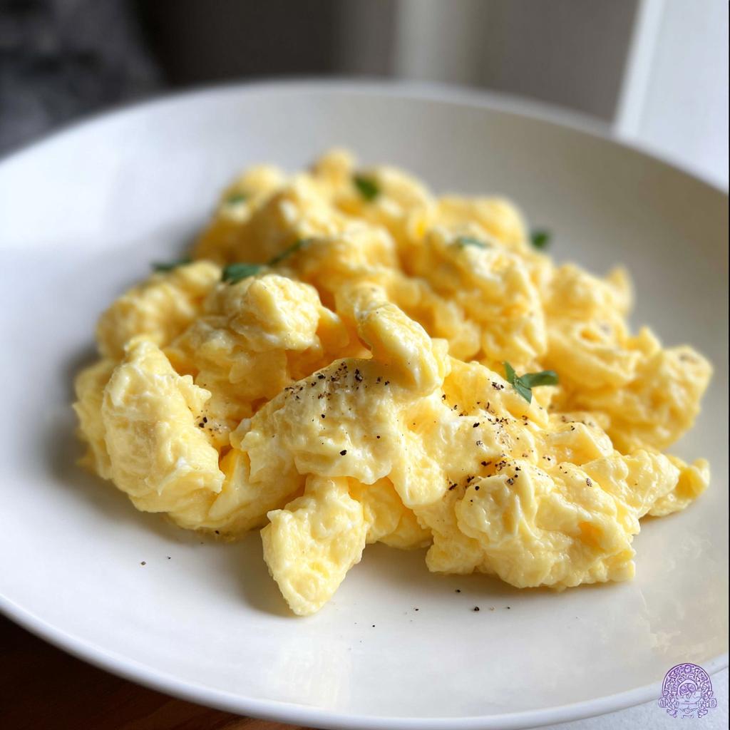 A close-up of fluffy, creamy scrambled eggs seasoned with black pepper, a perfect example of how to make egg recipes.