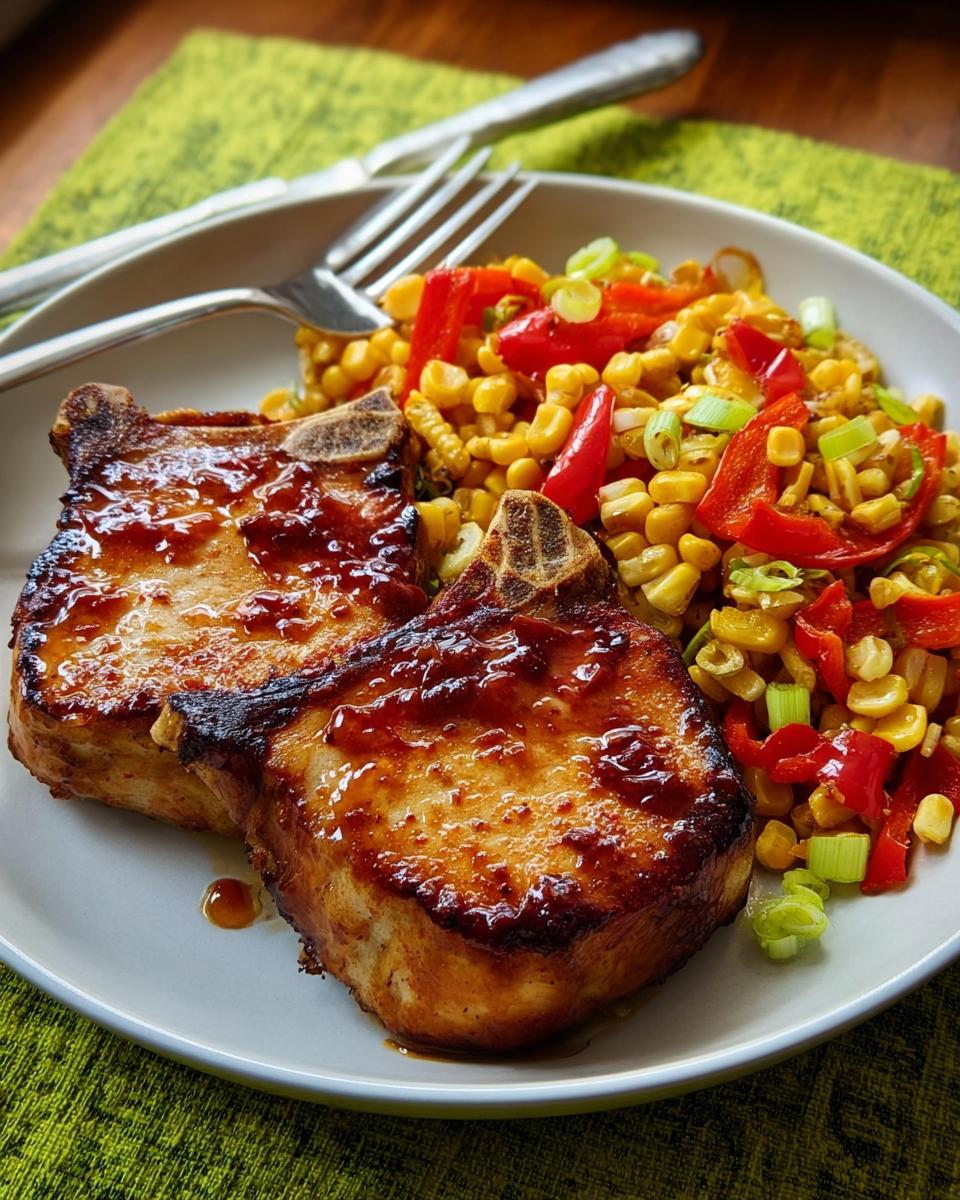 Two perfectly cooked pork chops glazed with a savory sauce, served with a vibrant corn and red pepper medley.