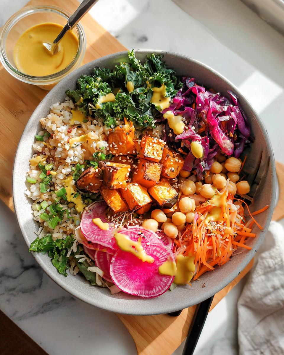 A vibrant and healthy rice bowl recipe with roasted sweet potatoes, kale, chickpeas, shredded carrots, red cabbage, and radish, drizzled with dressing.