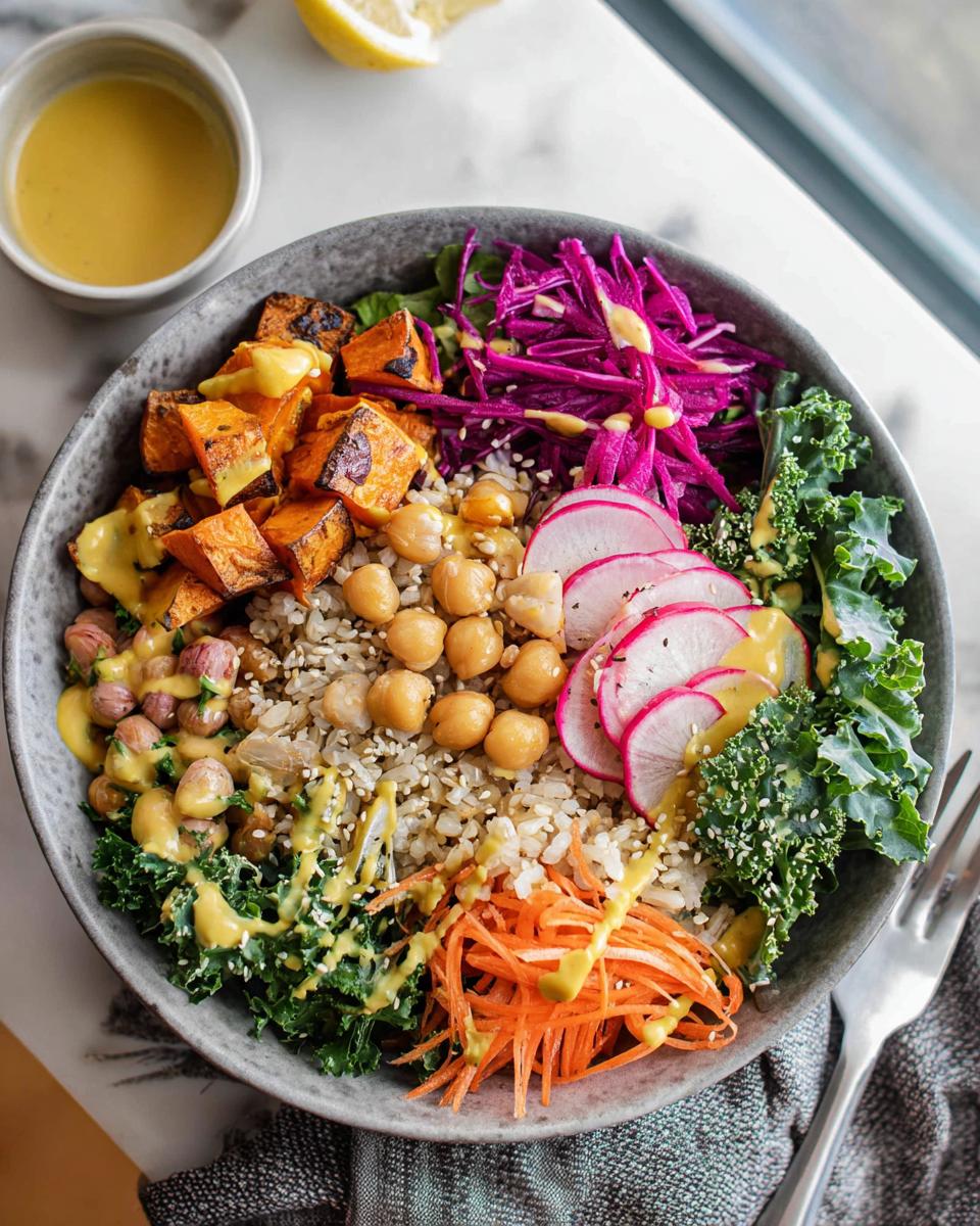 A vibrant and healthy rice bowl recipe filled with brown rice, roasted sweet potatoes, chickpeas, shredded carrots, red cabbage, radishes, and kale, drizzled with dressing.