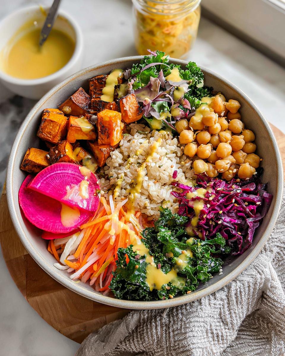 A vibrant and healthy rice bowl recipe featuring brown rice, roasted sweet potatoes, chickpeas, kale, and pickled radishes, drizzled with dressing.