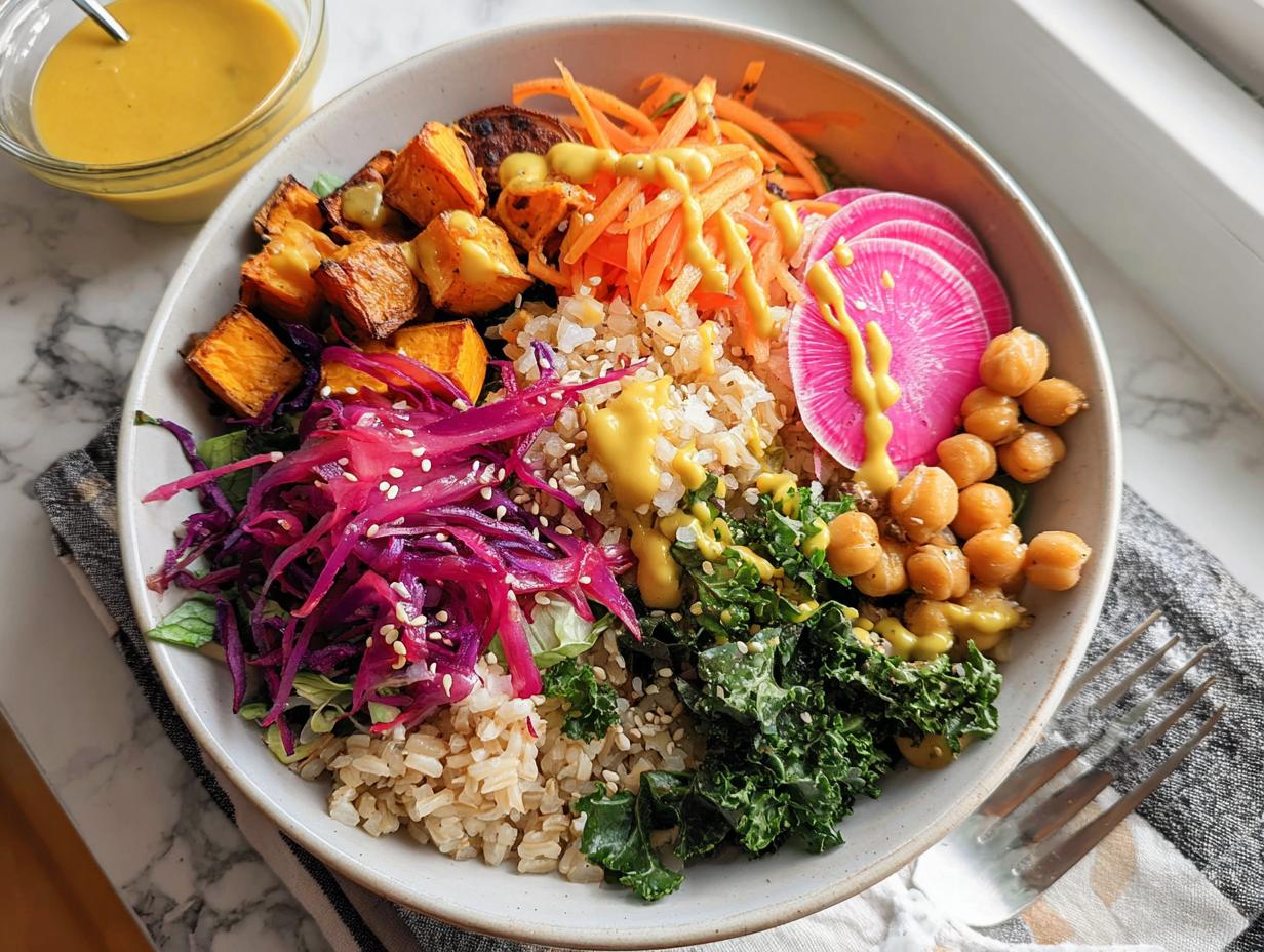 A vibrant and healthy rice bowl recipe featuring brown rice, roasted sweet potatoes, shredded carrots, red cabbage, chickpeas, kale, and sliced radish.