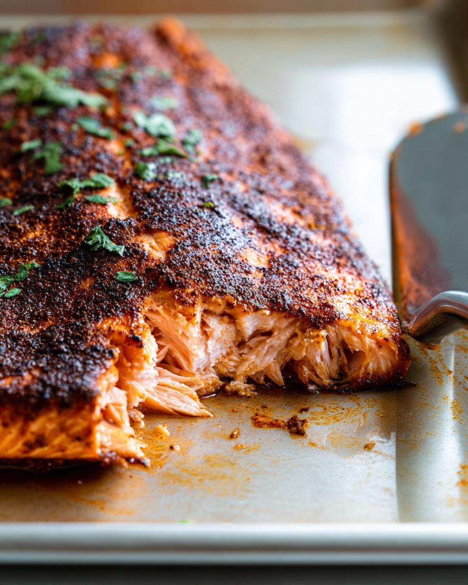 Close-up of a flaky, perfectly cooked salmon fillet with a seasoned crust, ready to be served.