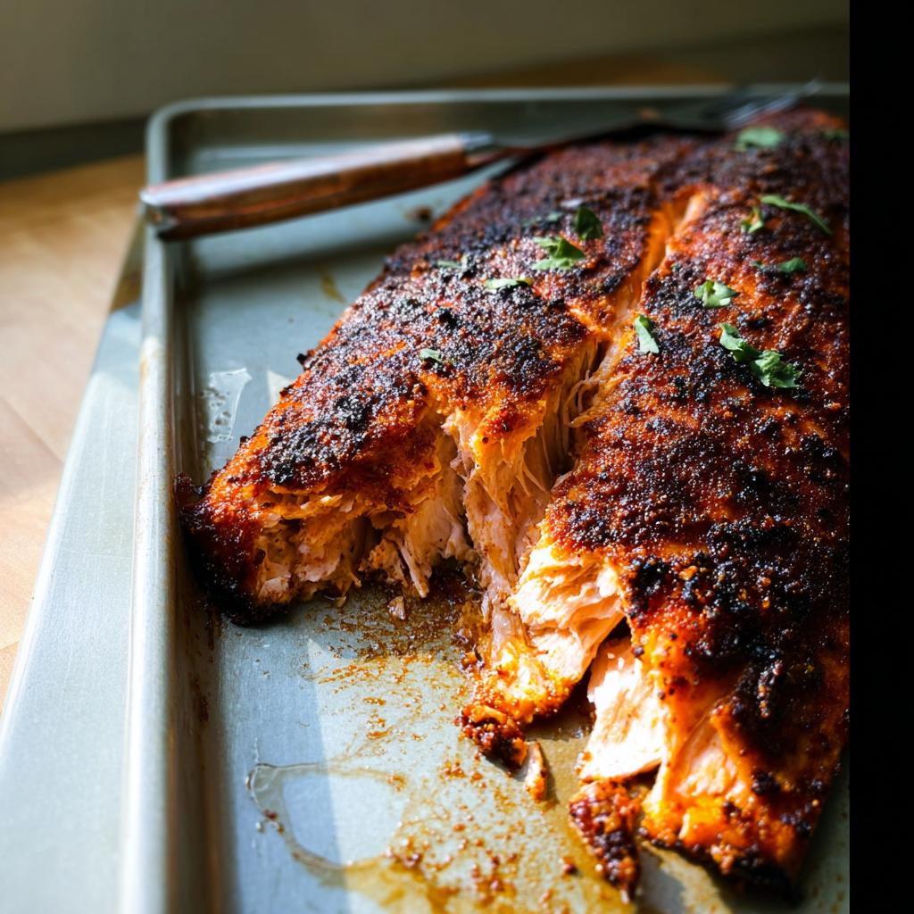 Close-up of a perfectly cooked salmon fillet with a crispy, seasoned crust, ready to be served.