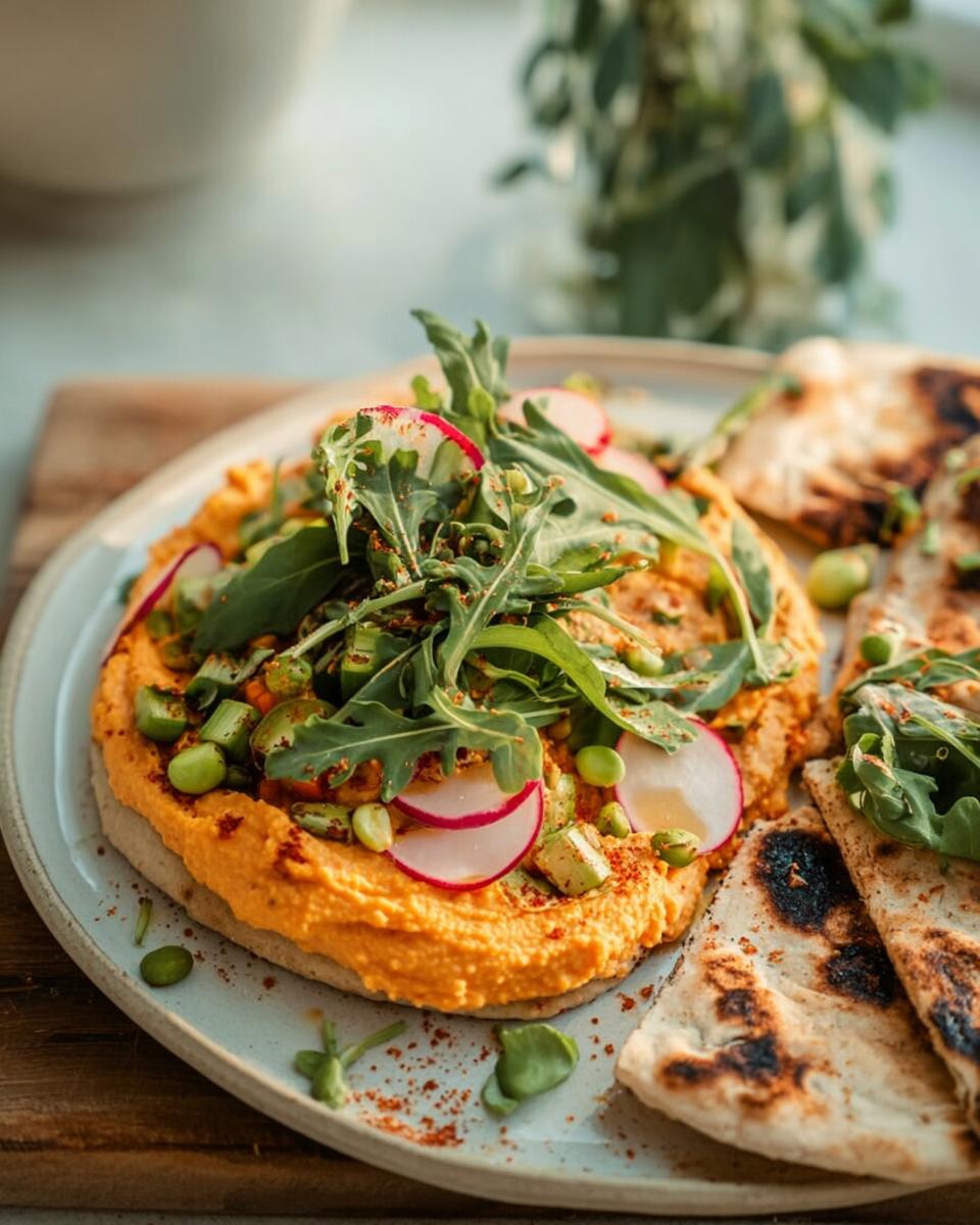 A vibrant hummus flatbread topped with fresh greens, radishes, and edamame, served with pita bread. An easy dinner recipe.