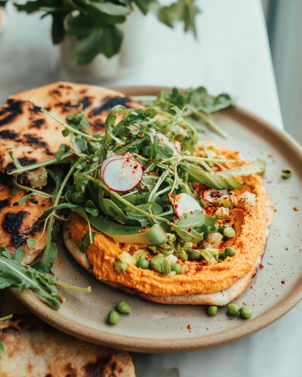 Close-up of a delicious hummus flatbread topped with fresh greens, radishes, and peas, perfect for easy dinner recipes.