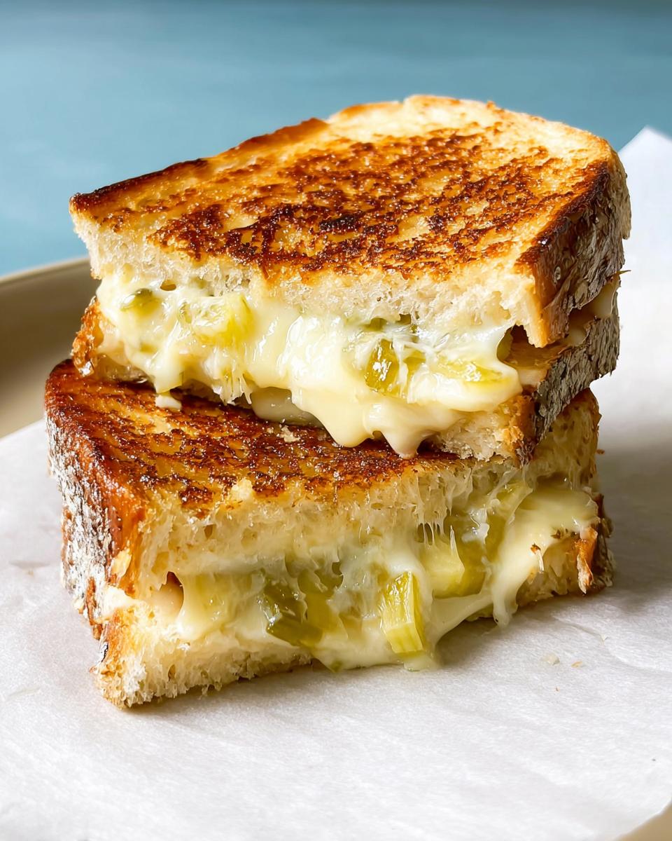 A stack of two halves of a gooey jalapeno grilled cheese sandwich, showing melted cheese and green jalapeno pieces.