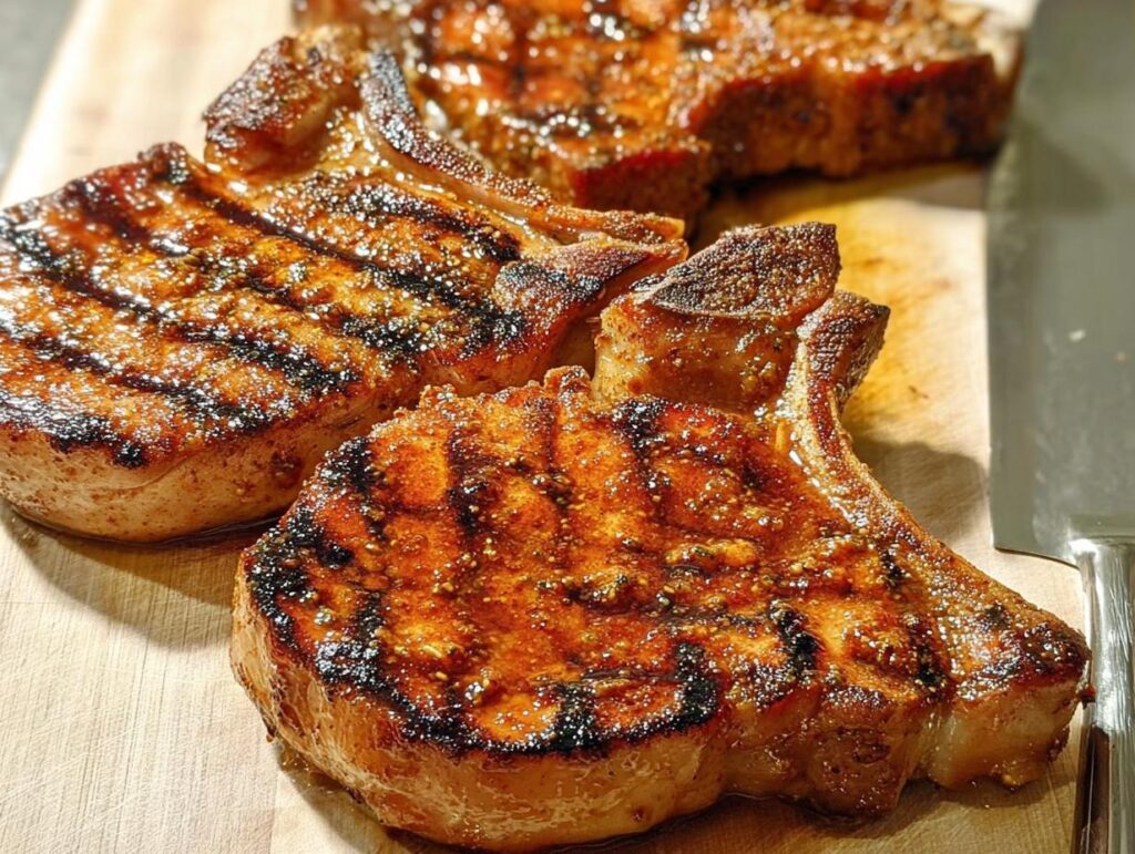Close-up of juicy, grilled pork chops with grill marks and a glaze, ready to be served.