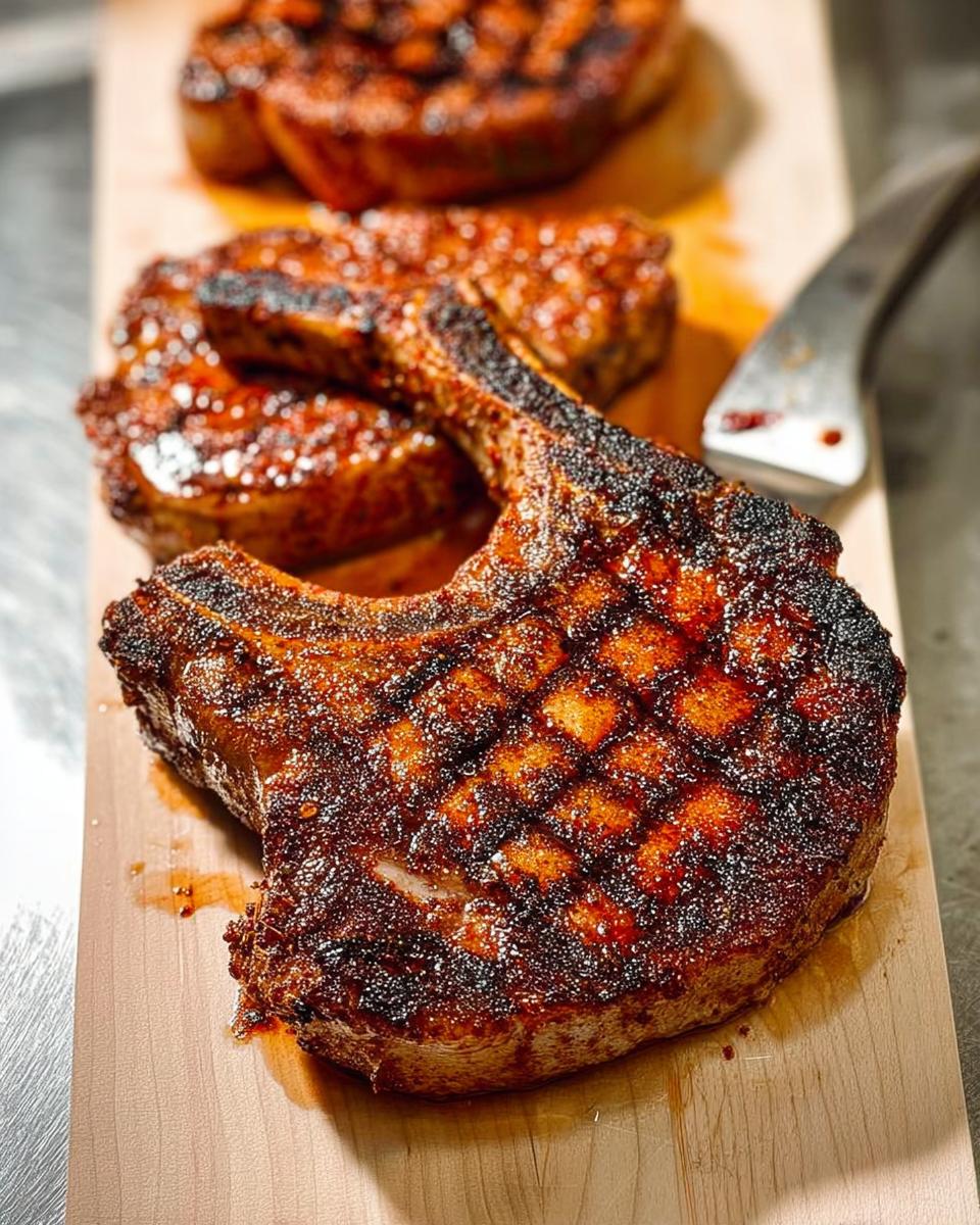Close-up of a perfectly grilled pork chop with crosshatch marks, seasoned and juicy.