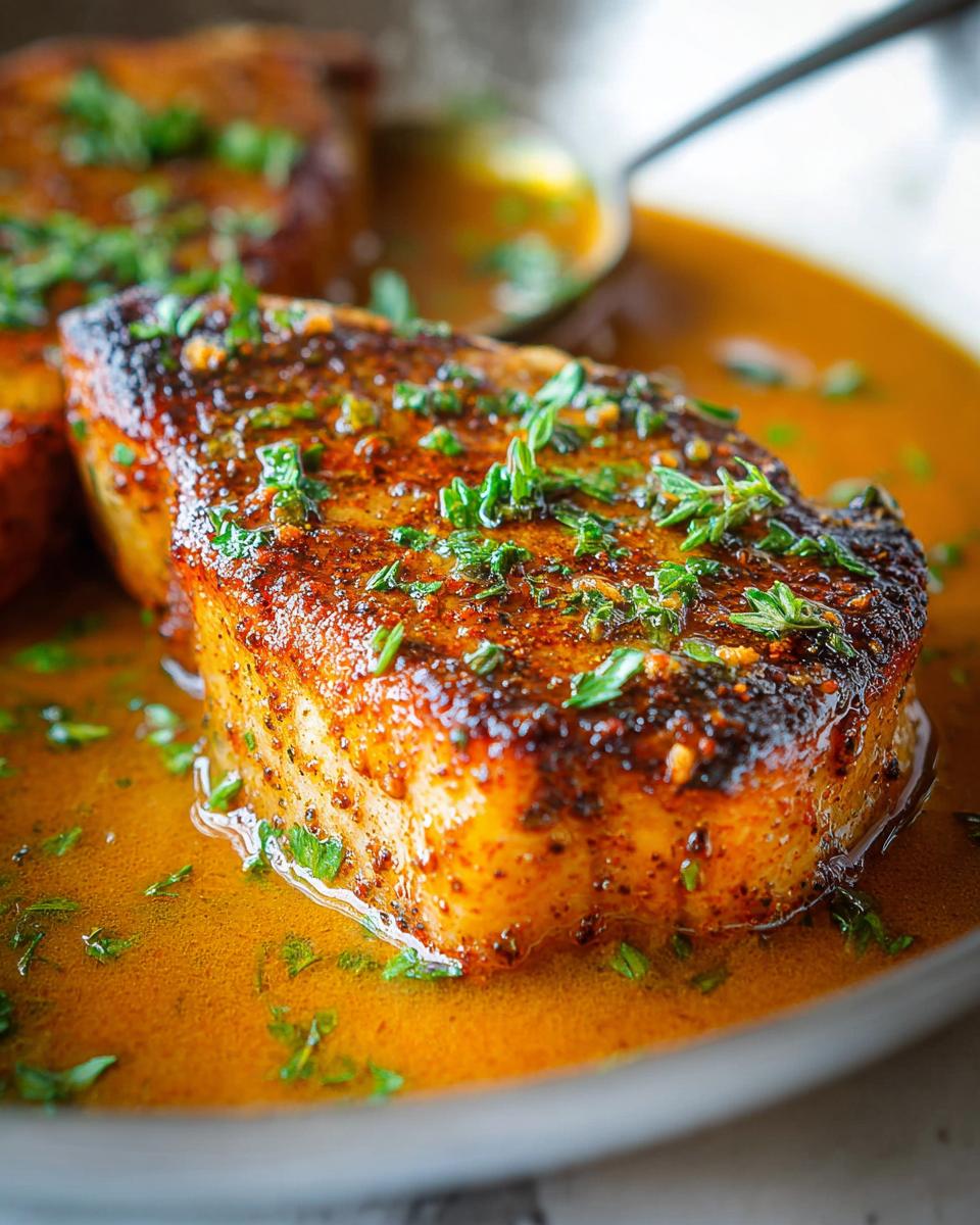 Close-up of a perfectly cooked juicy pork chop, glistening in a rich sauce and garnished with fresh herbs.