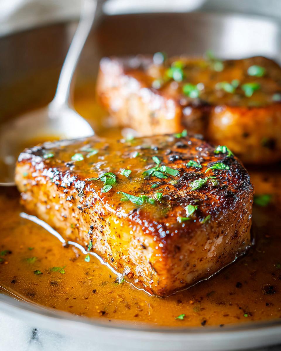 Close-up of two juicy pork chops in a rich pan sauce, garnished with fresh herbs.