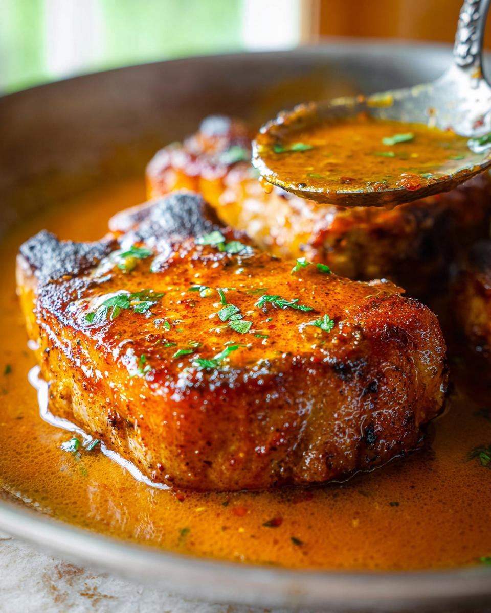 Close-up of juicy pork chops in a rich pan sauce, garnished with fresh herbs. A spoon drizzles more sauce.