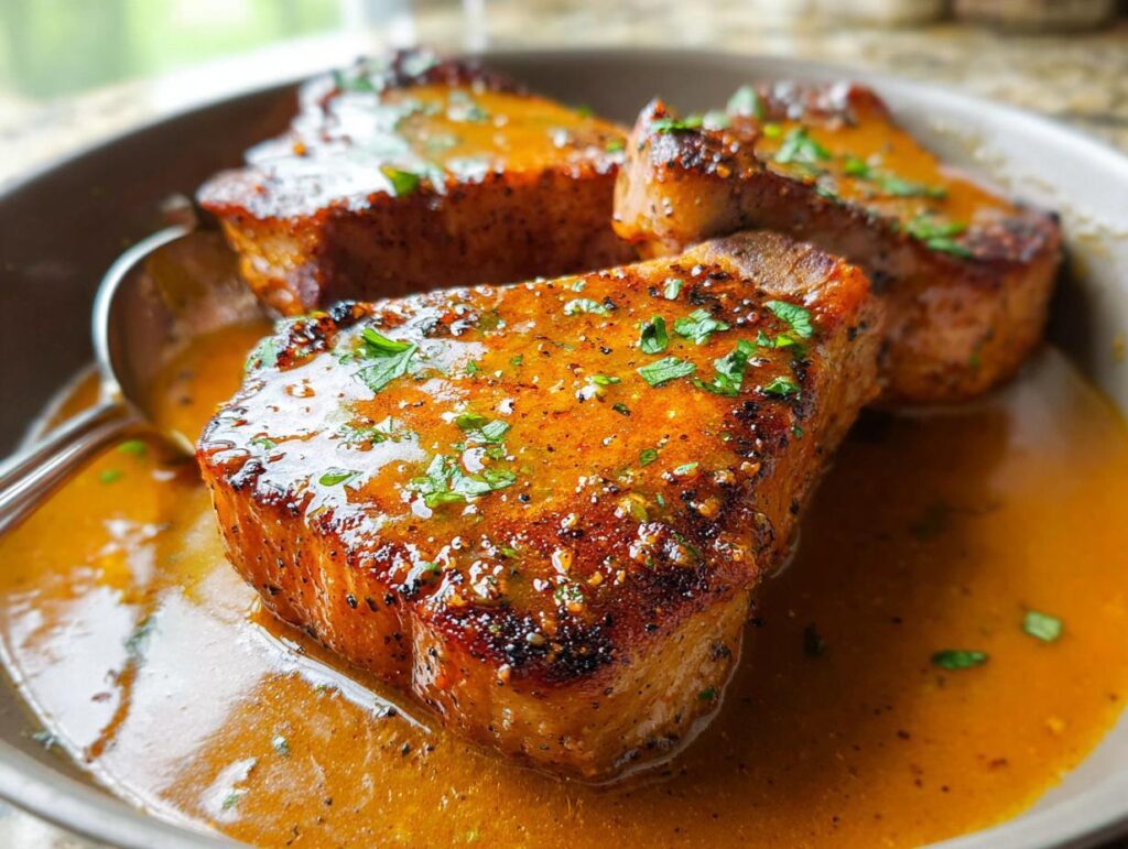 Close-up of three perfectly cooked, juicy pork chops in a rich, savory sauce, garnished with fresh parsley.