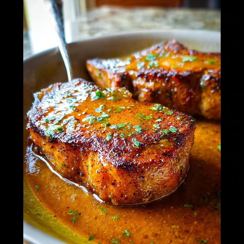 Close-up of two juicy pork chops smothered in a rich, savory sauce and garnished with fresh parsley.