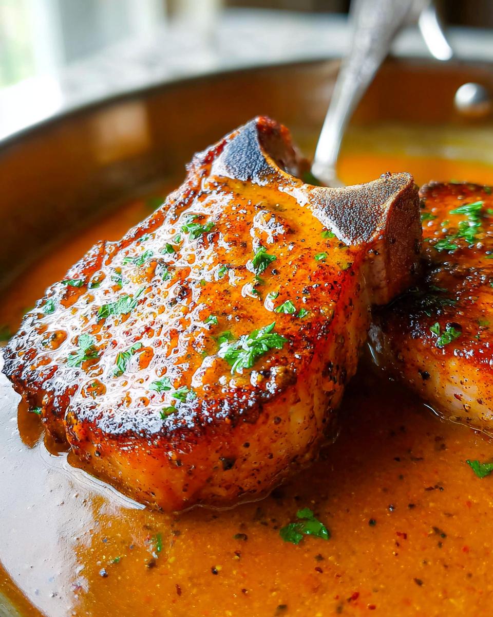 Close-up of two juicy pork chops in a rich, orange sauce, garnished with fresh parsley. The ultimate pork chops recipes guide.