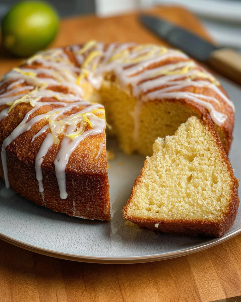 A slice of moist lemon bundt cake with white glaze and lemon zest, perfect for cake craving ideas.