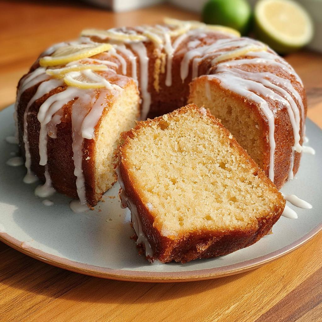 A slice of moist lemon bundt cake, drizzled with white icing and topped with lemon slices. Perfect for cake ideas recipes.