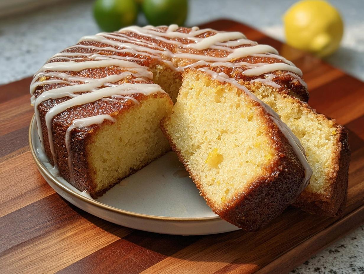 A slice of moist lemon cake drizzled with white icing, perfect for when you crave cake.
