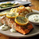 A perfectly cooked salmon fillet topped with lemon slices and dill, served with rice and a creamy sauce. One of 20 Genius Salmon Recipes.