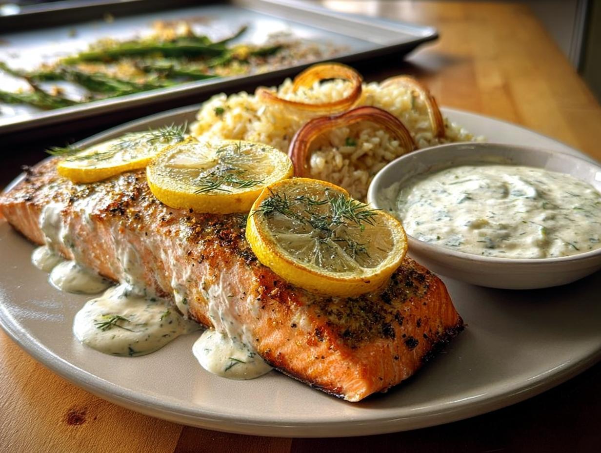 A perfectly cooked salmon fillet topped with lemon slices and dill, served with rice and a creamy sauce. One of 20 Genius Salmon Recipes.