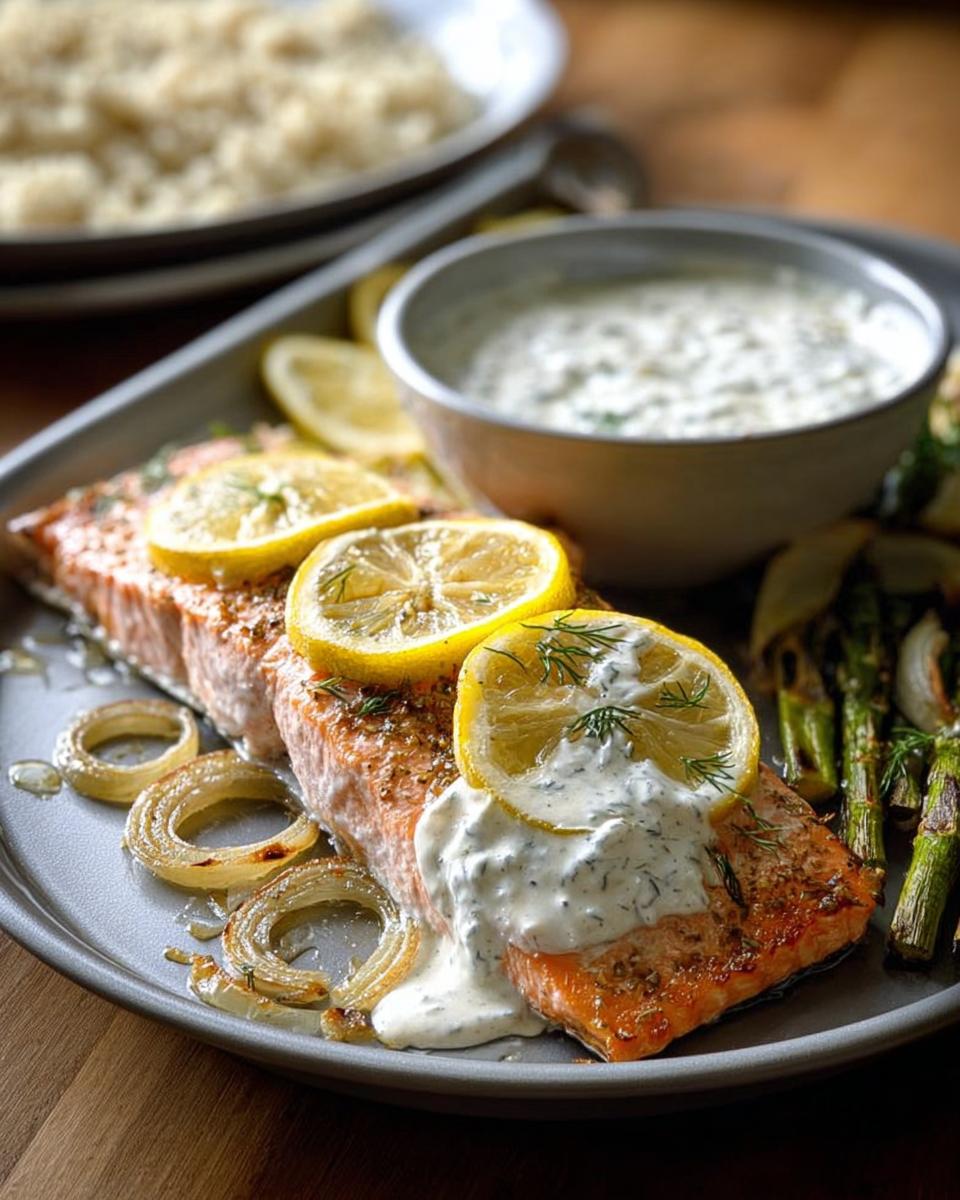 A beautifully cooked salmon fillet topped with lemon slices and dill sauce, served with roasted asparagus and onions. A perfect salmon recipe for busy weeknights.