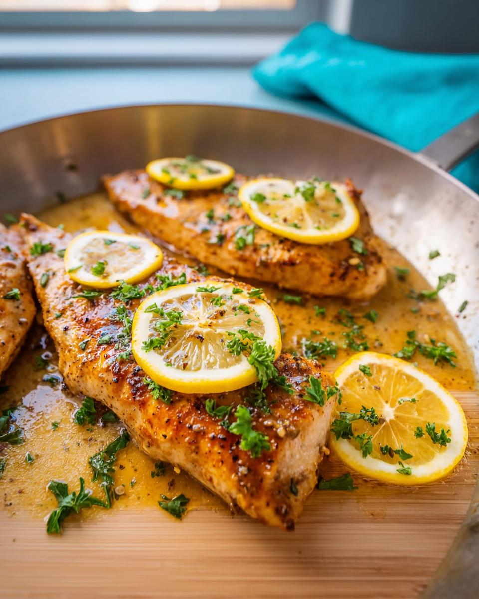 Close-up of pan-seared chicken breasts with lemon slices and fresh parsley, part of a healthy meal idea.