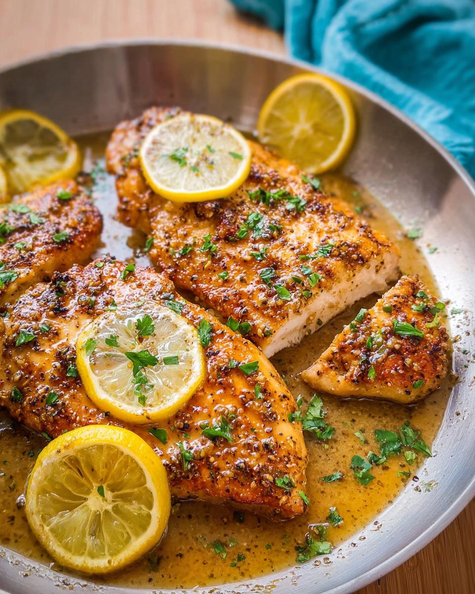 Juicy lemon herb chicken breast fillets in a skillet, garnished with lemon slices and parsley. A healthy meal idea.