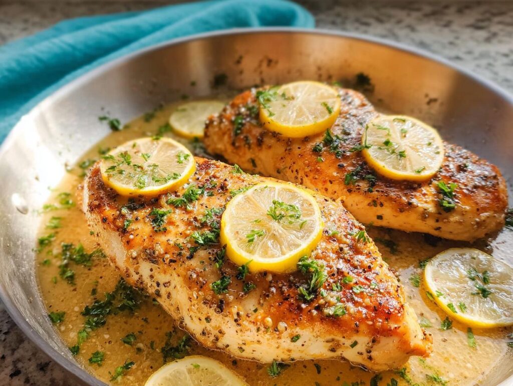 Two pan-seared chicken breasts with lemon slices and parsley, part of 7 Genius Healthy Meals Recipes Ideas for Busy Weeknights.