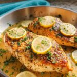 Two pan-seared chicken breasts with lemon slices and parsley, part of 7 Genius Healthy Meals Recipes Ideas for Busy Weeknights.