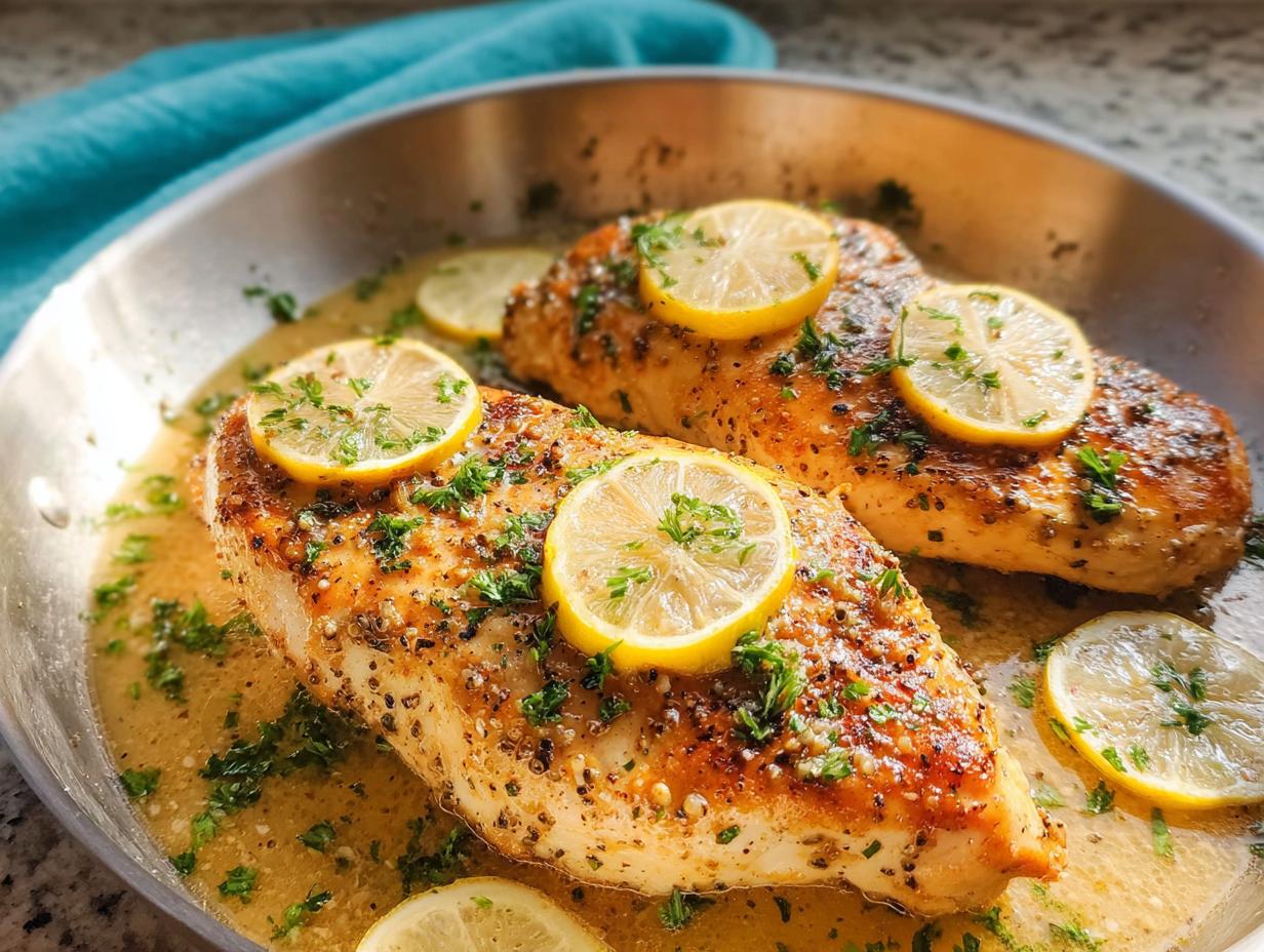 Two pan-seared chicken breasts with lemon slices and parsley, part of 7 Genius Healthy Meals Recipes Ideas for Busy Weeknights.